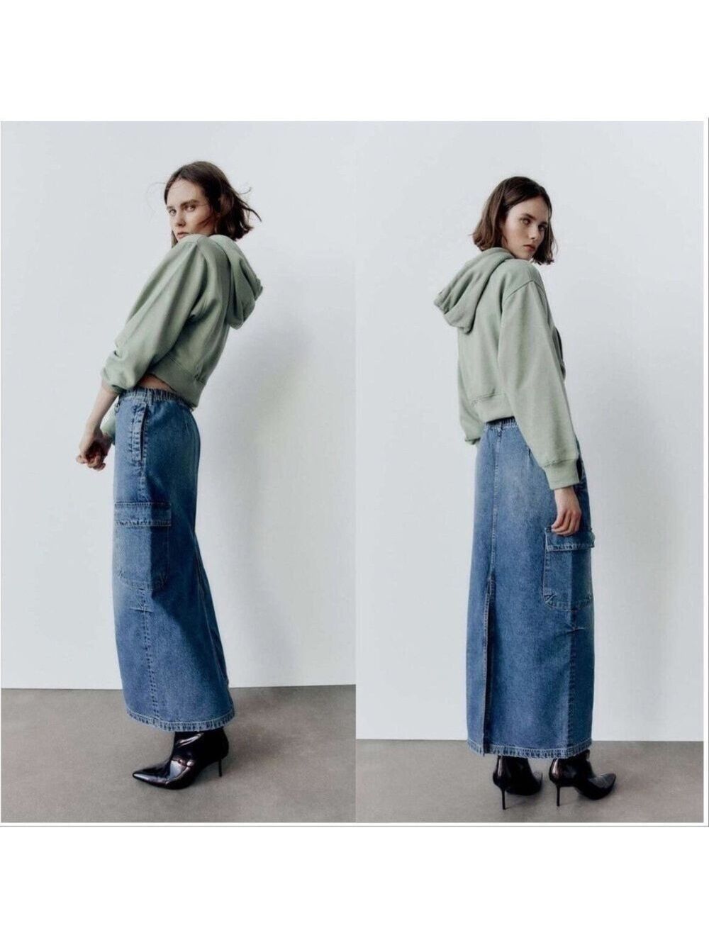 ZARA WOMENS MEDIUM WASH BLUE DENIM TRF CARGO MAXI SKIRT XS